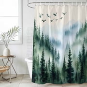 Dark Green Ombre Forest Standard Shower Curtain Set, Waterproof Shower Curtains for Bathroom, Watercolor Tree Washable Fabric Cloth Bath Curtain for Bathtub Decoration with Hooks 72x72 Inches