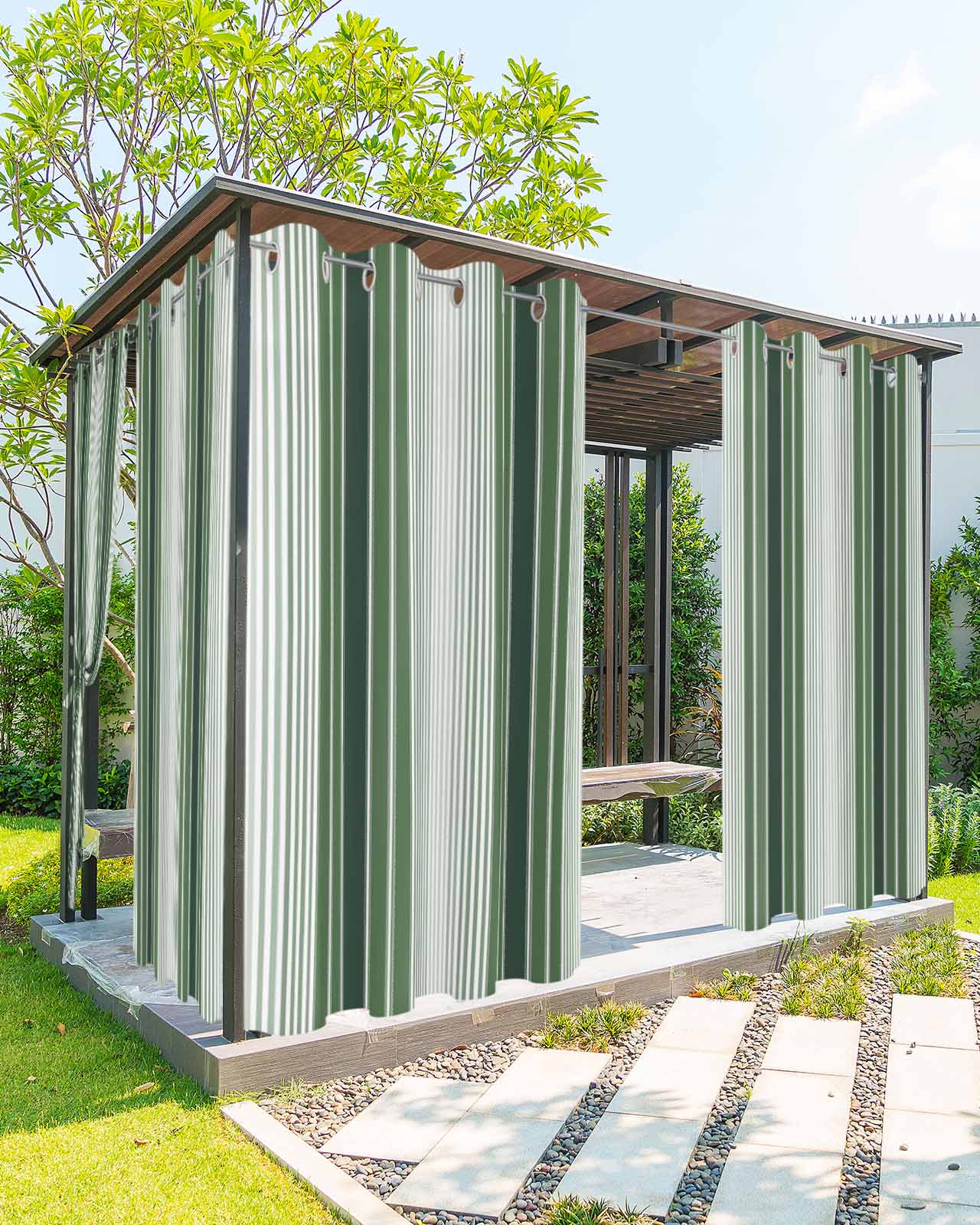 Dark Green Ombre Stripe Outdoor Curtains for Patio, Farmhouse Simple Striped Privacy Drapes Grommet Waterproof Outside Curtains for Porch/Cabana/Balcony 54"x 108", 1 Panel