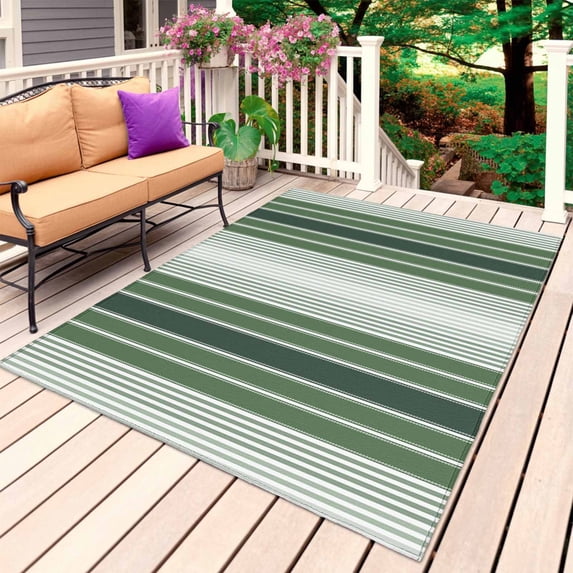 Dark Green Ombre Stripe Outdoor Rug 6x9 Ft, Non Slip Washable Area Rug, Farmhouse Simple Striped Patio Rugs Carpet Runner, Large Floor Mat for Indoor/Outdoor Deck Porch Camping