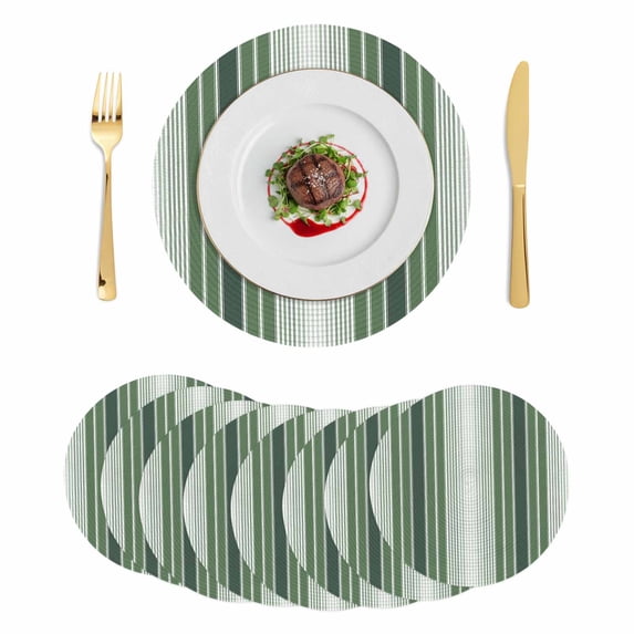 Dark Green Ombre Stripe Round 15 Inch Placemats Set of 8, Farmhouse Simple Striped HeatResistant Non Slip Place Mats for Dining Table, Wipeable Braided Kitchen Table Mats for Housewarming