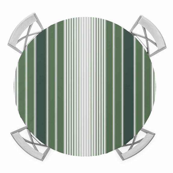 Dark Green Ombre Stripe Round Tablecloth for 45-54 Inch Tables, Fitted Table Cover with Elastic Edge, Farmhouse Simple Striped Waterproof Outdoor Table Cloth Protector for Patio Garden Dinner Picnic
