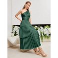 thumbnail image 1 of Dark Green One Shoulder Ruched Bodice Layered Pleated Maxi Dress, 1 of 30