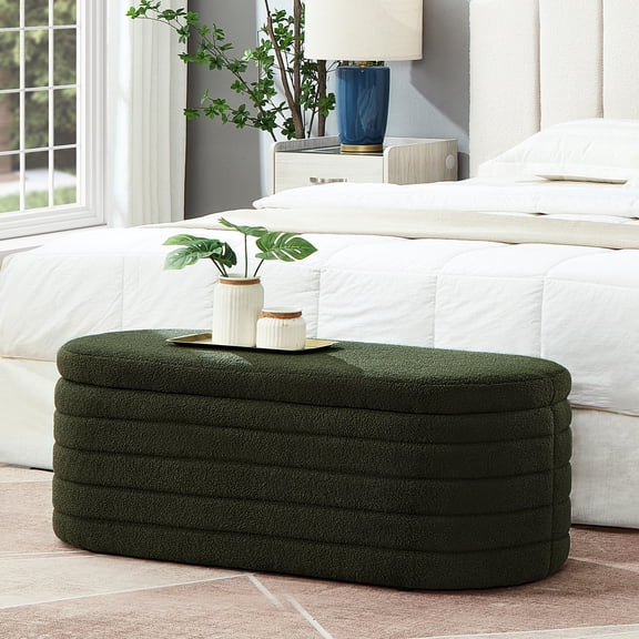 Dark Green Oval Storage Bench with Safety Hinge - Versatile Use in Multiple Rooms and Clutter-Free Space