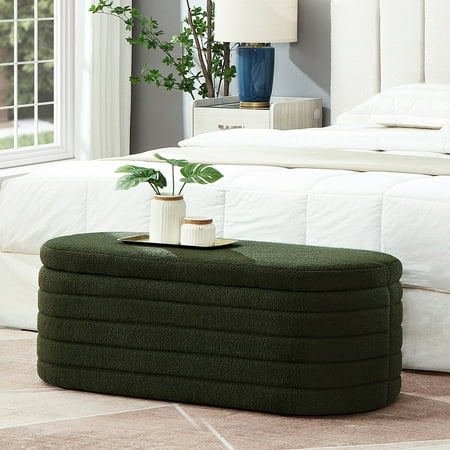Dark Green Oval Storage Stool / No Assembly Required / Safe Hinge for Easy Access