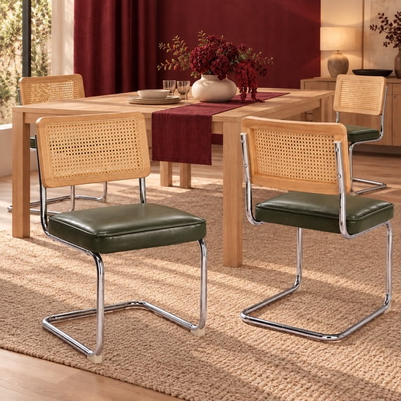 Dark Green PU Leather Modern Rattan Dining Chairs Set of 4, Cane Back, Dinning Chairs, Sillas de Comedor, Upholstered Mid Century Modern Dining Room Chair, Chrome Metal Kitchen Chair