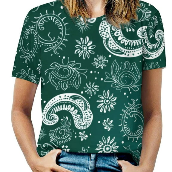 Dark Green Paisley Floral Pattern Design T Shirts Basic T-Shirt Short Sleeve Ladies Tee Shirt Summer Graphic Clothing