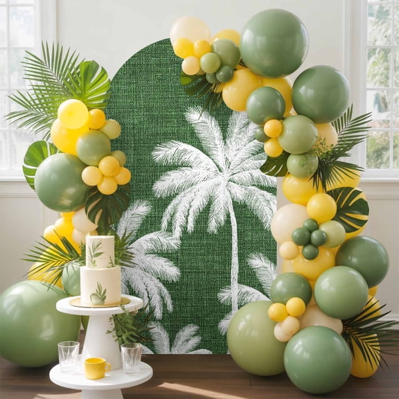 Dark Green Palm Trees Arch Backdrop Cover, 4FT, Summer Beach Tropical Farmhouse Spandex Arch Covers Double-Sided Backdrop for Wedding Birthday Party Photo Background Decoration
