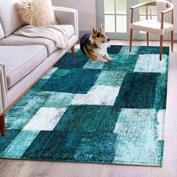 Dark Green Patchwork 4x6 Area Rugs for Living Room, Modern Abstract Blue Green Patchwork Non Slip Floor Mat Washable Low-Profile Indoor Carpet for Bedroom, Dining Room, Bathroom