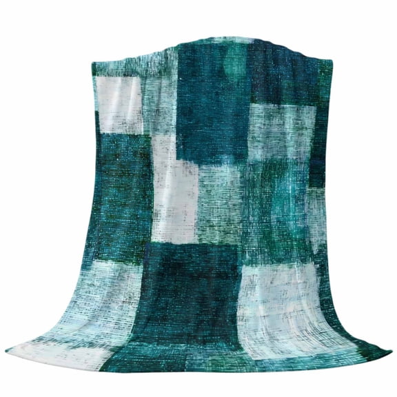 Dark Green Patchwork Fleece Throw Blanket Modern Abstract Blue Green Patchwork Ultra Soft Fuzzy Cozy Flannel Throw Blanket for Couch Sofa Bed Car Travel, Ideal Gifts 50x60 Inches