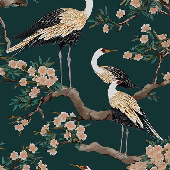Dark Green Peel and Stick Wallpaper, Crane Bird Floral Contact Paper 17.5 x 118in , Boho Vinyl Wall Paper Mural Removable Self-adhesive Waterproof for Bedroom Cabinet Shelf Drawer Renter Friendly