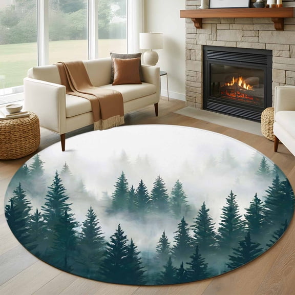 Dark Green Pine Forest Round Area Rug 6Ft Washable Circle Rugs for Bathroom Office, Misty Tree Clouds Nature Non-Slip Carpet Floor Mats Indoor Outdoor Carpet Runner Aesthetic Home Decor