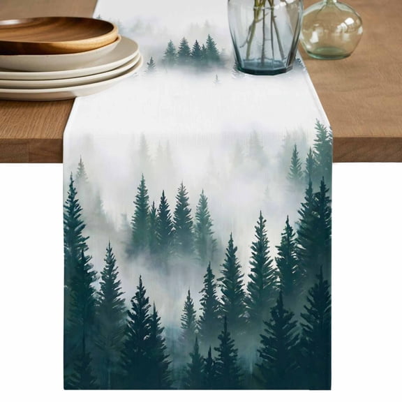 Dark Green Pine Forest Table Runner, Misty Tree Clouds Nature Washable Cotton Linen Table Runners 36 Inches Long, Dresser Scarf Runner for Nightstand/End Tables/Round Tables 13''x36''