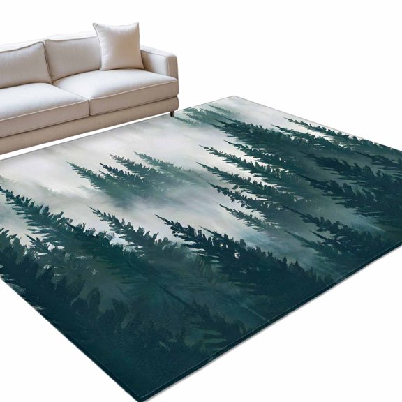 Dark Green Pine Forest Washable Rug 5x8 Area Rug for Living Room Bedroom Non Slip Indoor Floor Rectangle Carpet Soft Low Pile Large Misty Tree Clouds Nature Entryway Rugs for Dining Room Office Home