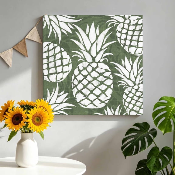 Dark Green Pineapple Canvas Wall Art, Summer Country Vintage Tropical Botanical Fruits Framed Canvas Wall Decor Picture Print Artwork Decorations for Living Room Office Ready to Hang 8" x 8"