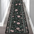 thumbnail image 1 of Dark Green Pink Peony Bordered Hallway Runner Rug, 60x18 Inches Vintage Botanical Long Floor Mat, Non-Slip Washable Cottagecore Art Rug for Entryway Kitchen, 1 of 9