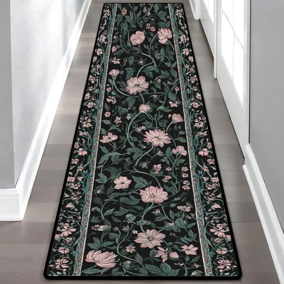 Dark Green Pink Peony Bordered Hallway Runner Rug, 60x18 Inches Vintage Botanical Long Floor Mat, Non-Slip Washable Cottagecore Art Rug for Entryway Kitchen