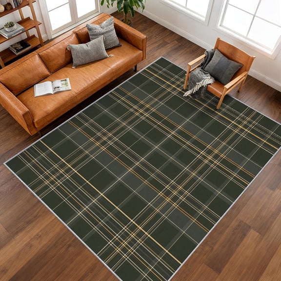 Dark Green Plaid Area Rugs, Dark Green Geometric Check Tartan Pattern Carpet, Washable Non Slip Low Pile Soft Rug for Living Room Bedroom Decor Mat 2x3ft