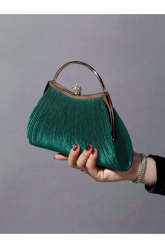 Dark Green Pleated Velvet Metal Frame Clutch Evening Handbag