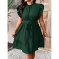 thumbnail image 1 of Dark Green Plus Size Ruffle Sleeve Belted A-Line Casual Dress, 1 of 5