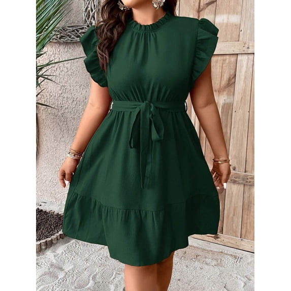 Dark Green Plus Size Ruffle Sleeve Belted A-Line Casual Dress