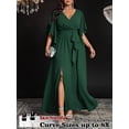 thumbnail image 1 of Dark Green Plus Size V-Neck Wrap Maxi Dress With Flare Sleeves, Tie Waist And Side Slit, 1 of 6