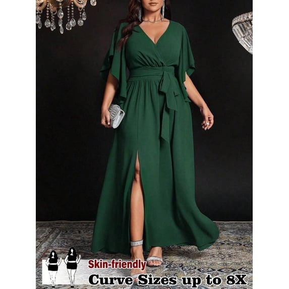 Dark Green Plus Size V-Neck Wrap Maxi Dress With Flare Sleeves, Tie Waist And Side Slit