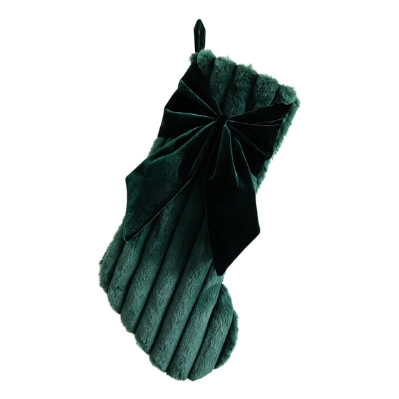 Dark Green Plush Christmas Stocking with Velvet Bow, Soft Striped Large Xmas Stocking, Fireplace Hanging Decoration for Home Staircase Holiday Decor