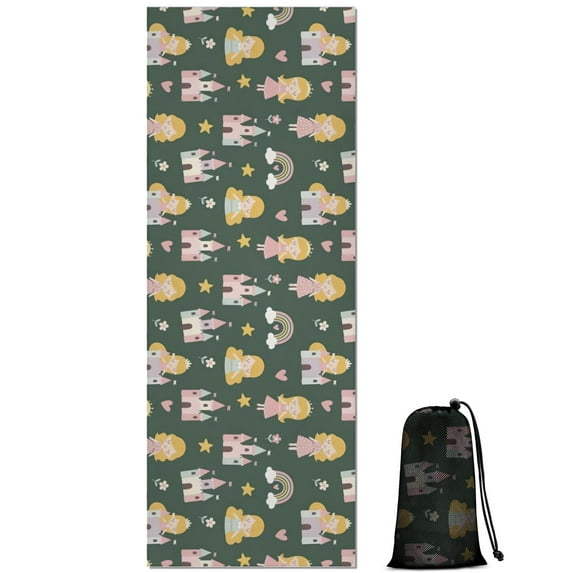 Dark Green Princess Castle Pattern Hot Yoga Mat Towel Non Slip for Hot Yoga - Quick-Drying Yoga Mat Cover with 4 Corner Pockets with Travel Bag - Hot Yoga Towel Non Slip 74"x26"