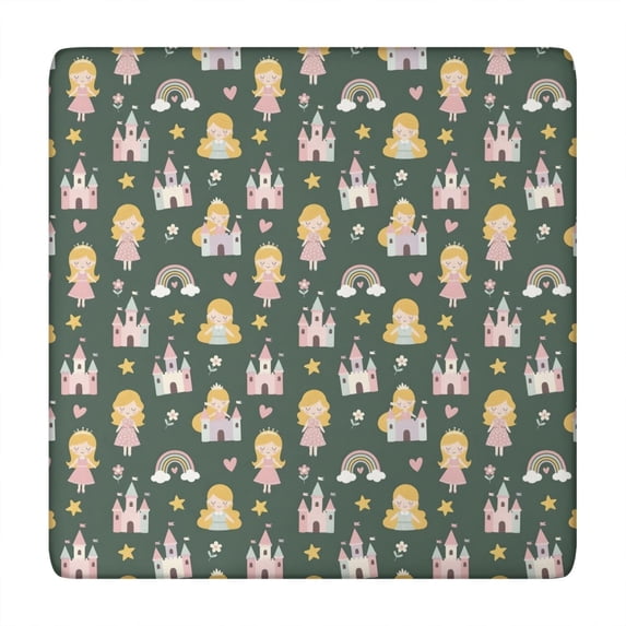 Dark Green Princess Castle Pattern Square Fitted Tablecloth with Elastic Edge,Square Table Cover,Washable Elastic Table Cover for Home Kitchen Party Decor 34"x34"
