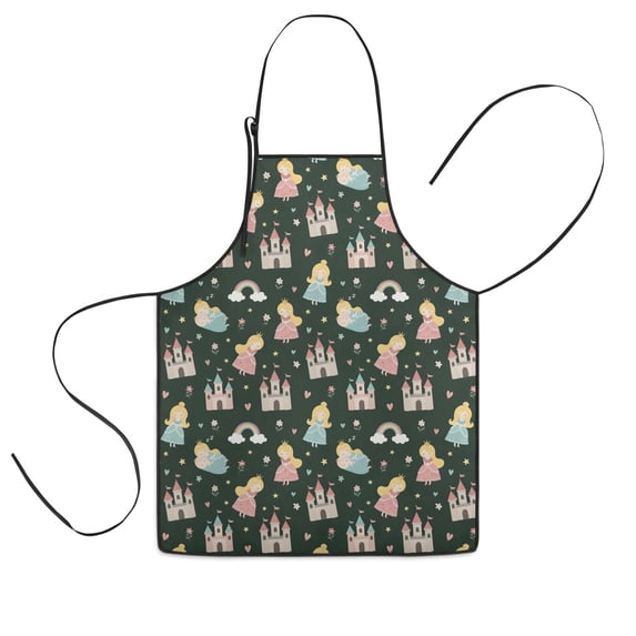 Dark Green Princess Castle Rainbow Pattern Kids Aprons for Girls and Boys,Adjustable Neck Strap Toddler Aprons for Kids Cooking Baking
