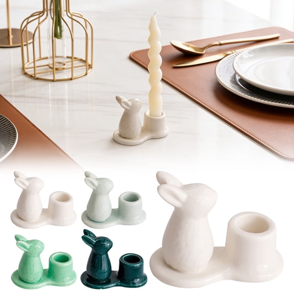 Dark Green Rabbit Candlestick, Souew Ceramic Farmhouse Candle Holder for Easter Table Decor, Spring Centerpiece for Rustic Dinner & Photography Prop, Unique Gift Idea