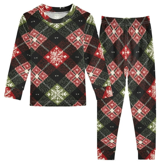Dark Green Red Checkerboard Snowflakes Christmas Cotton Pajama Set Long ...