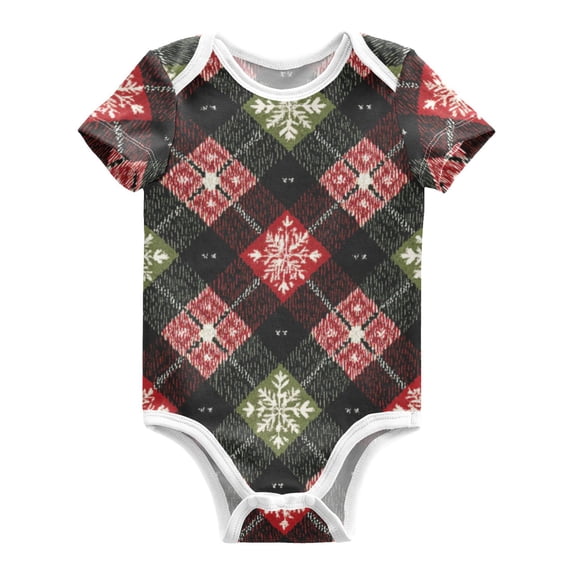 Dark Green Red Checkerboard Snowflakes Christmas Pure Cotton Bodysuit Short Sleeve Pajamas One-Piece Romper Unisex 2T