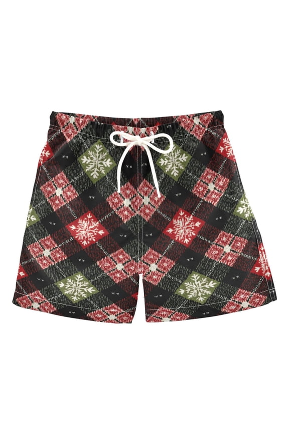 Dark Green Red Checkerboard Snowflakes Christmas Swim Trunks Board Shorts Beach Pants Bathing Bottoms 4T