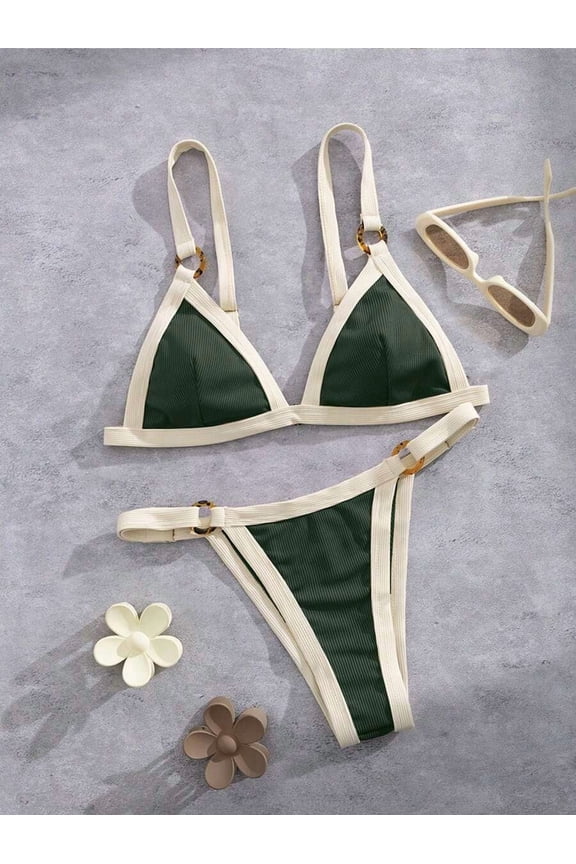 Dark Green Ribbed Triangle Bikini Set With Tortoiseshell Hardware For Vacation Beach Wear