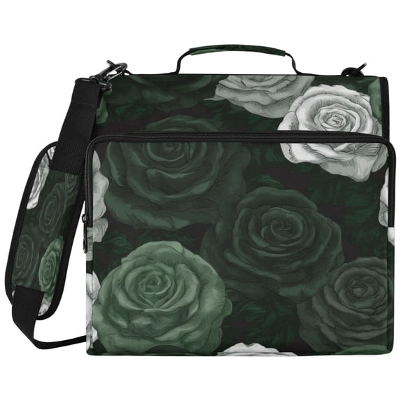Dark Green Roses Printed Zipper Binder with Handle&Shoulder Strap 2 inch 3 Ring 500+300 Sheet Capacity File Folder Organizer