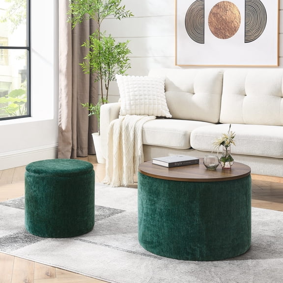 Dark Green Round Chenille Storage Footstool / Provide Comfort and Storage in Home