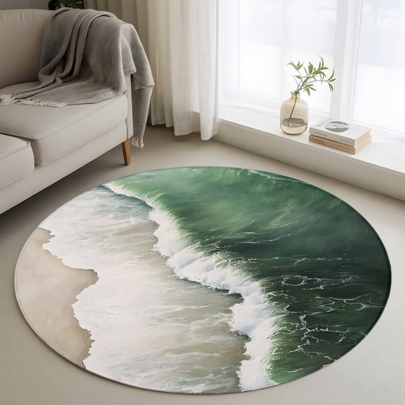 Dark Green Round Living Room Rugs 3.3 ft, Ocean Wave Beach Scenery Modern Art Washable Area Rug with Non-Slip Sturdy Edge Binding Round Front Door Mat Floor Carpet for Entryway