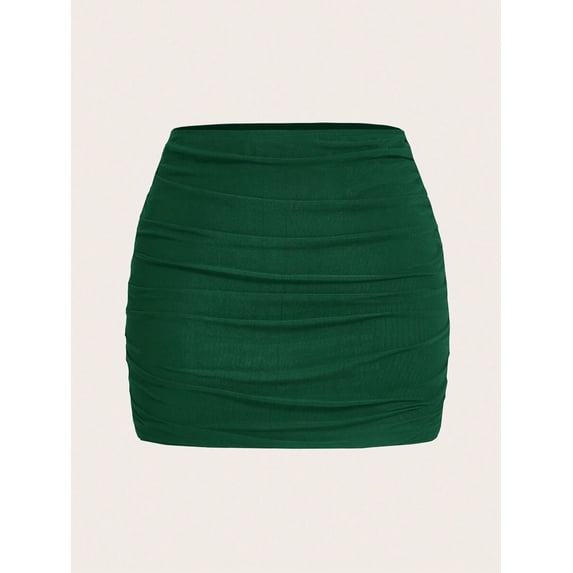 Dark Green Ruched Mini Skirt With Elastic Waistband For Women