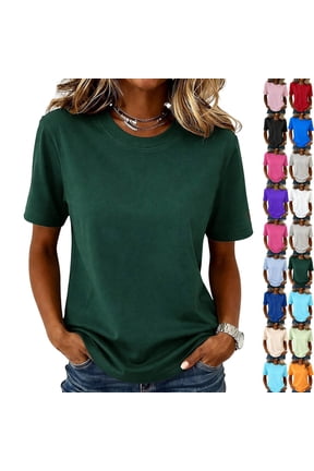 T Shirts for Women Short Sleeve Crewneck Cotton Tops Summer Casual Breathable Basic Tee Tshirt Dark Green S