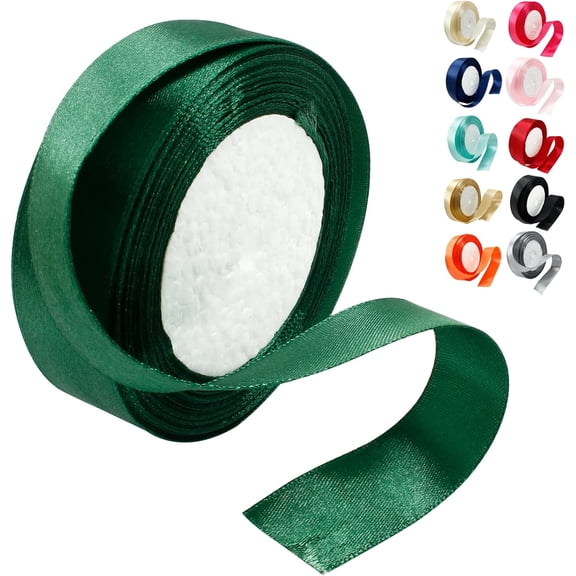 Dark Green Satin Ribbon - 1 Inch x 25 Yards, Wedding Bouquet Ribbon, Silk & Polyester Silky Fabric for Hair, Gift Wrapping, Flower Bouquet, Crafts & Sewing