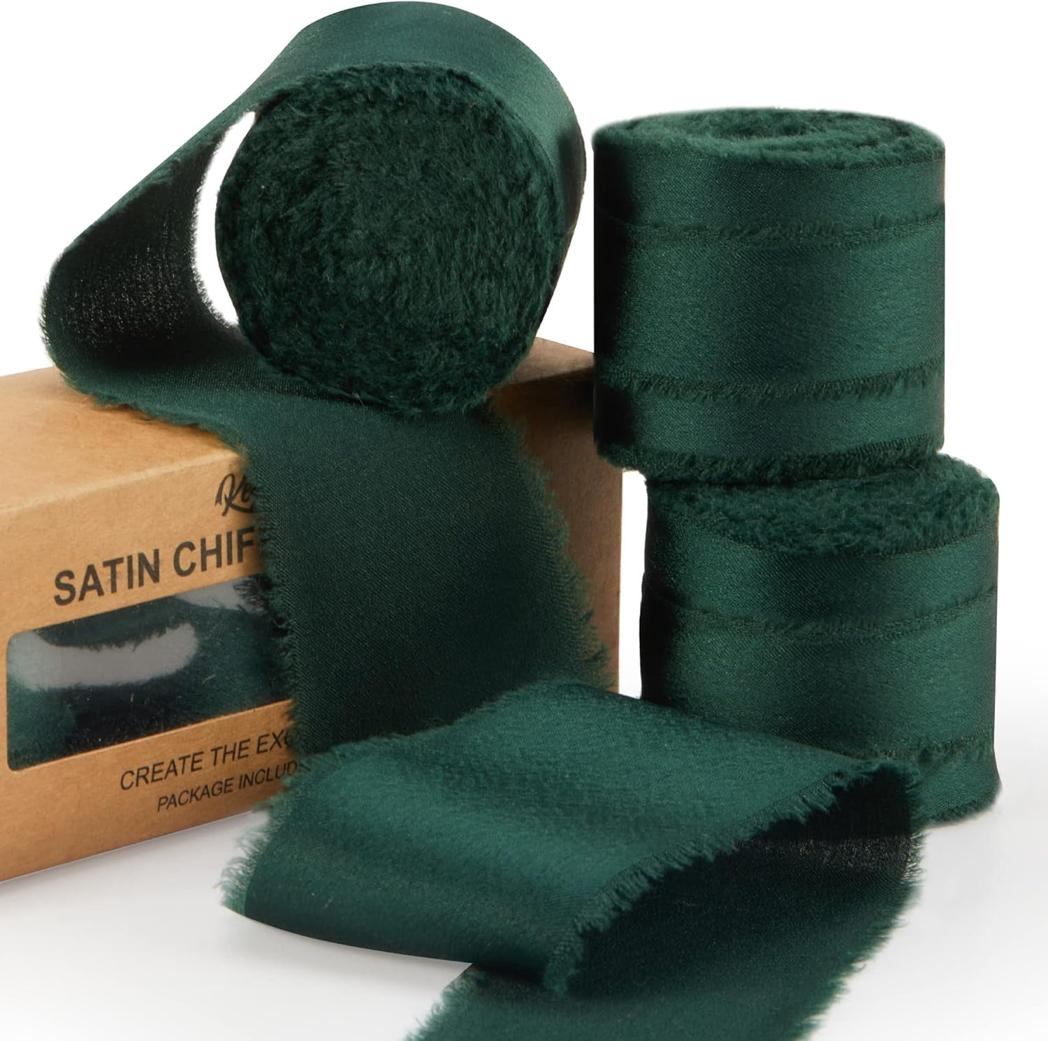 Dark Green Satin Ribbon, Silk Chiffon Frayed Fabric Ribbons for Gift ...