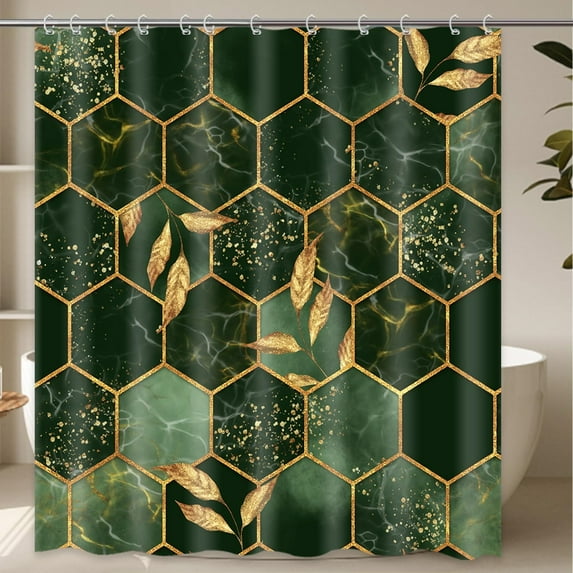 Dark Green Shower Curtain Emerald Marble Bath Curtain Gold Decor Leaves Geometric Fabric Bathroom Shower Curtains