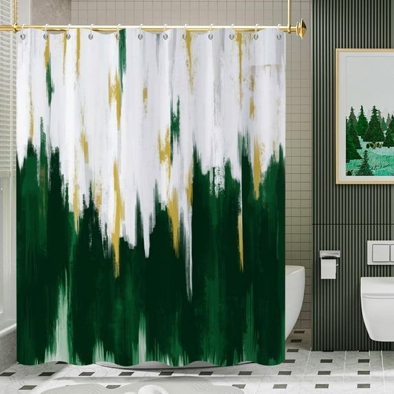 Dark Green Shower Curtain, Green White Gold Brush Strokes Graffiti Oil Painting Modern Art Abstract Bathroom Curtain Waterproof Fabric Machine Washable with Hooks, 84" Wx72 L
