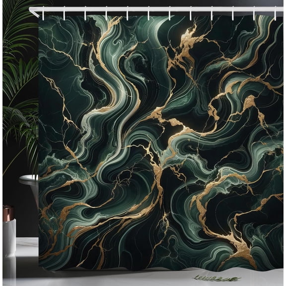 Dark Green Shower Curtain, Swirling Marble Print with Deep Forest Colors and Posh Vein Like Details, Cloth Fabric Bathroom Decor Set with Hooks, 69" W x 84" L, Emerald Sand Brown