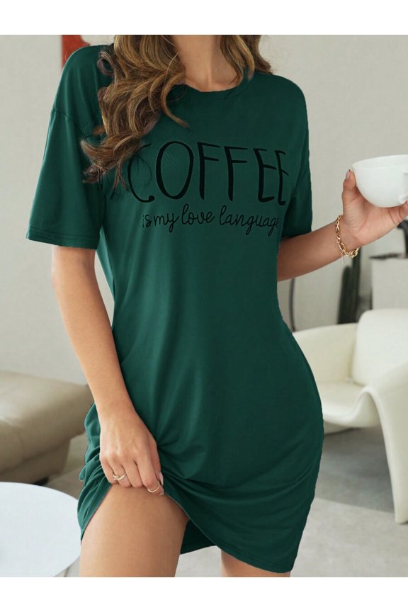 Dark Green Slogan Graphic Drop Shoulder Sleep Dress With Coffee Is My Love Language Print