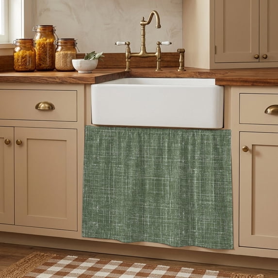 Dark Green Small Cabinet Curtains 10"W x 11"L, Farmhouse Vintage Green Solid Color Modern Sink Skirt Dust-Proof Short Curtain for Bathroom Vanity Storage Cubby Desk, Self Adhesive Privacy Drapes