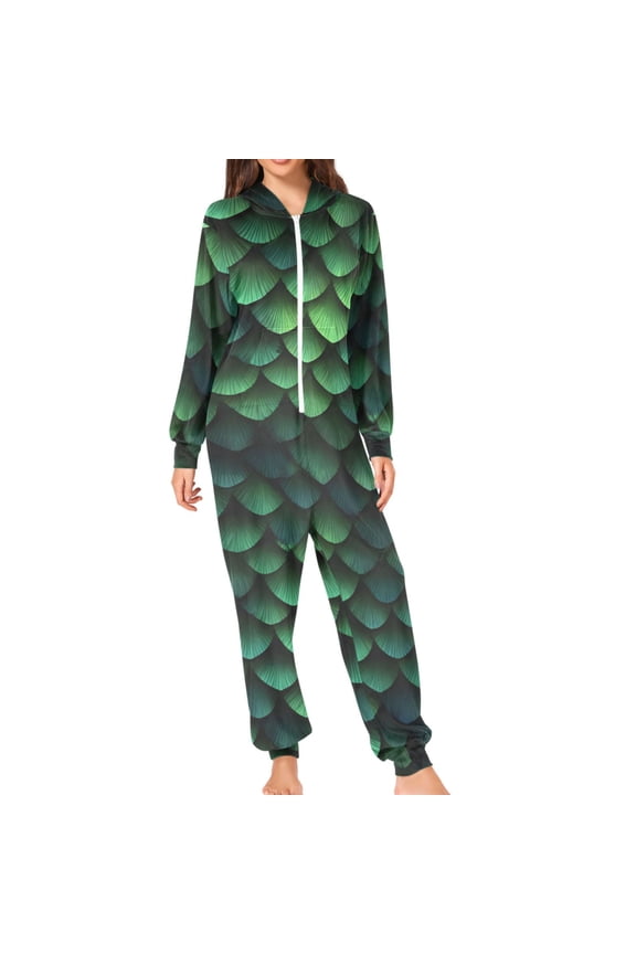 Dark Green Snake Scales Adult's Hoodie Onesie Jumpsuit One-Piece Pajamas with Zipper Unisex for Holiday L