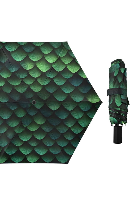 Dark Green Snake Scales All Weather Umbrella Triple Folding Parasol 6 Ribs UV Protection Portable