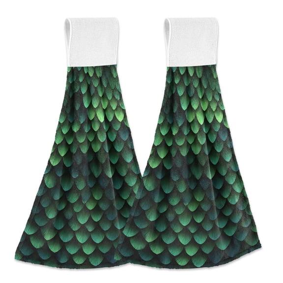 Dark Green Snake Scales Hanging Towels with Loop Hand Towels Nylon Fastener Tape Design Dish Cloths 2 Pieces